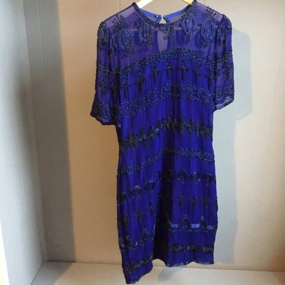 Vintage 1980s Blue Beaded Silk Dress - Picture 12 of 12